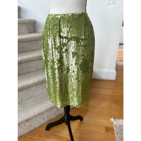 Vintage Y2K Lime Chartreuse Green Sequin Fitted Pencil Skirt - Picture 1 of 5